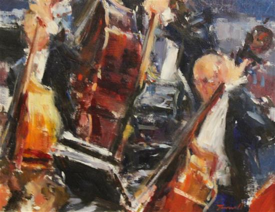 Jonathan Trowell (b. 1938), oil on board, Bassist, signed